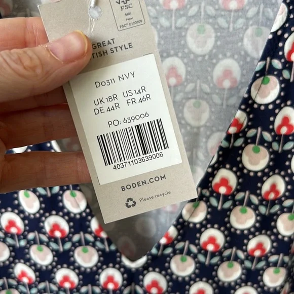 Boden midi floral jersey dress women’s size 14r with navy blue & pockets nwt - Picture 4 of 5